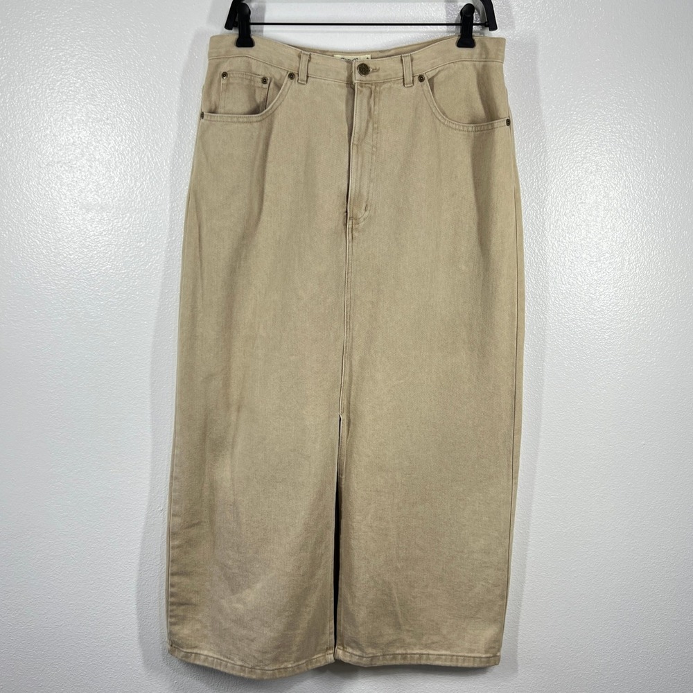 Vtg. Eddie Bauer Denim Skirt‎ Midi Tan Front Slit Pockets Casual Cotton Size 14